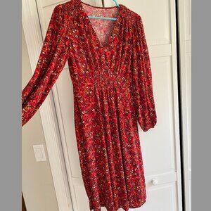 London Times V-neck Smocked Bishop Sleeve Midi Dress